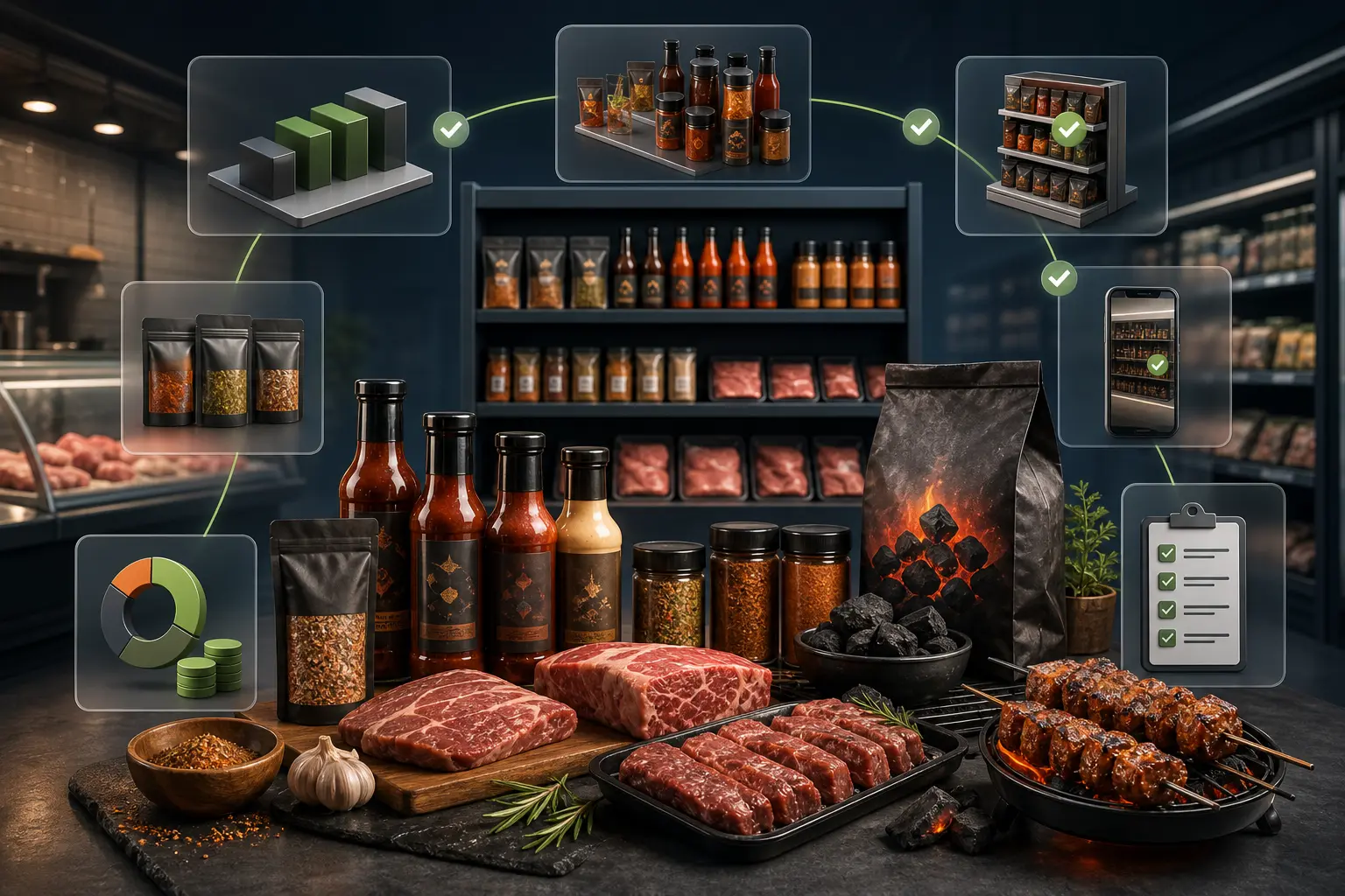 Produtos de churrasco organizados com elementos visuais de governança, aprovação e comprovação